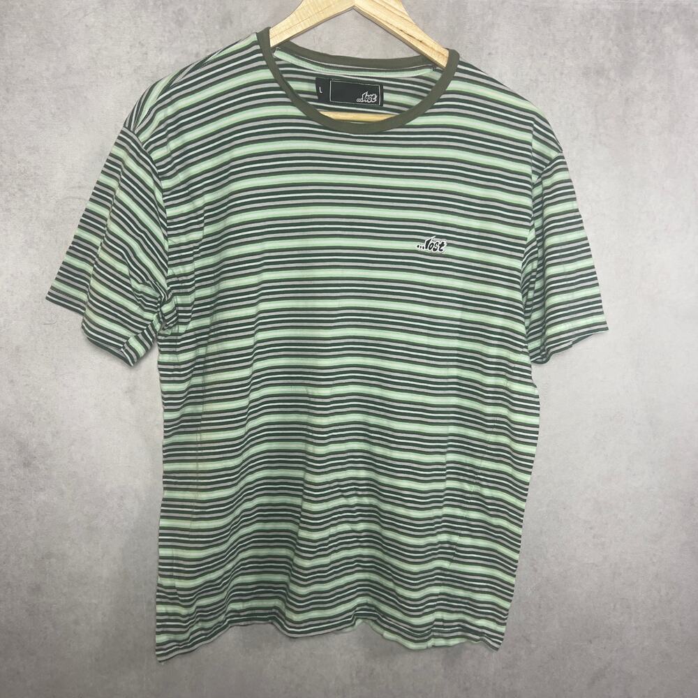 100% Cotton Lost Green Striped Skate Tee Relaxed Fit Streetwear Large